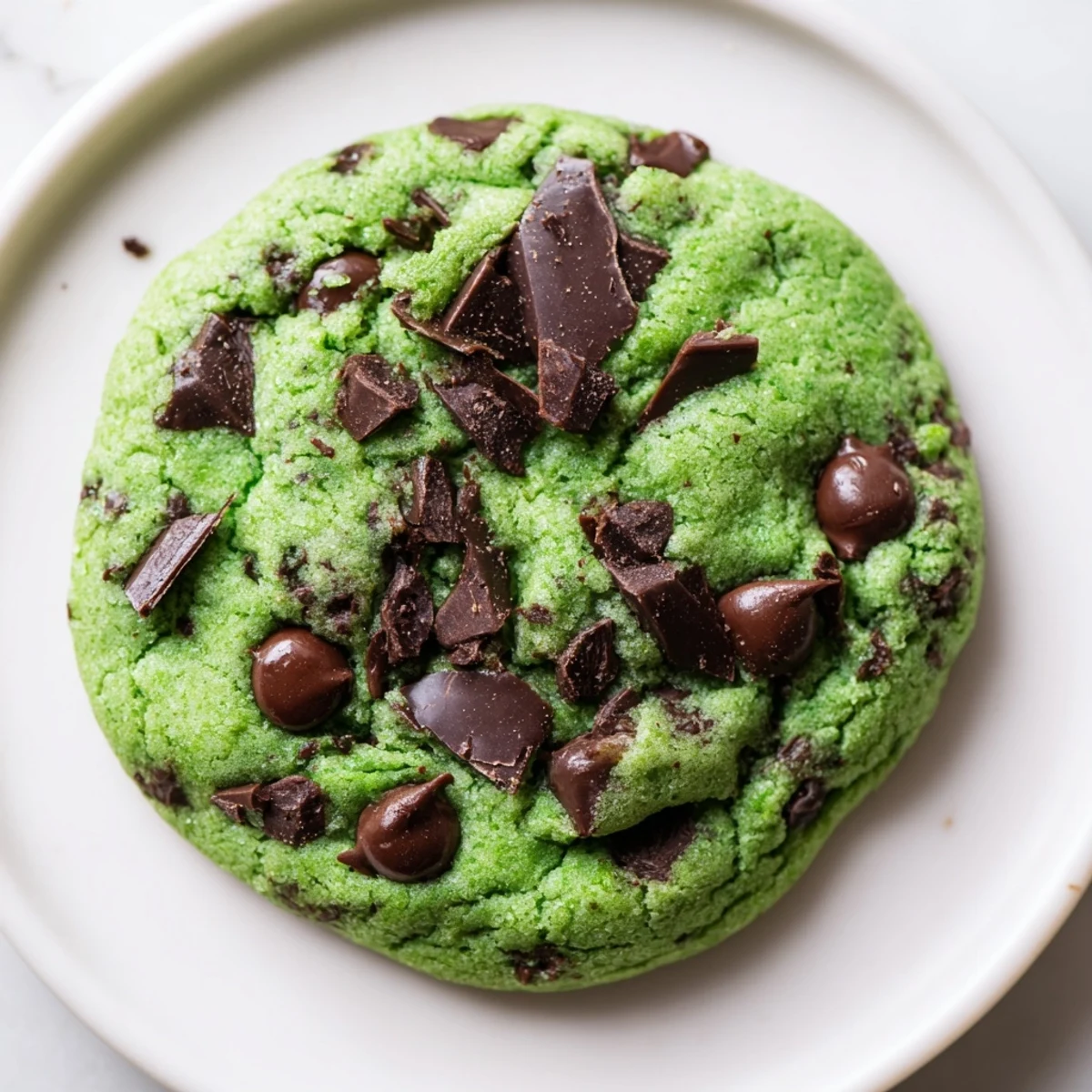 Perfectly golden Mint Chip Cookies with green dough are arranged on a cooling rack, with a glass of cold milk ready for dipping.