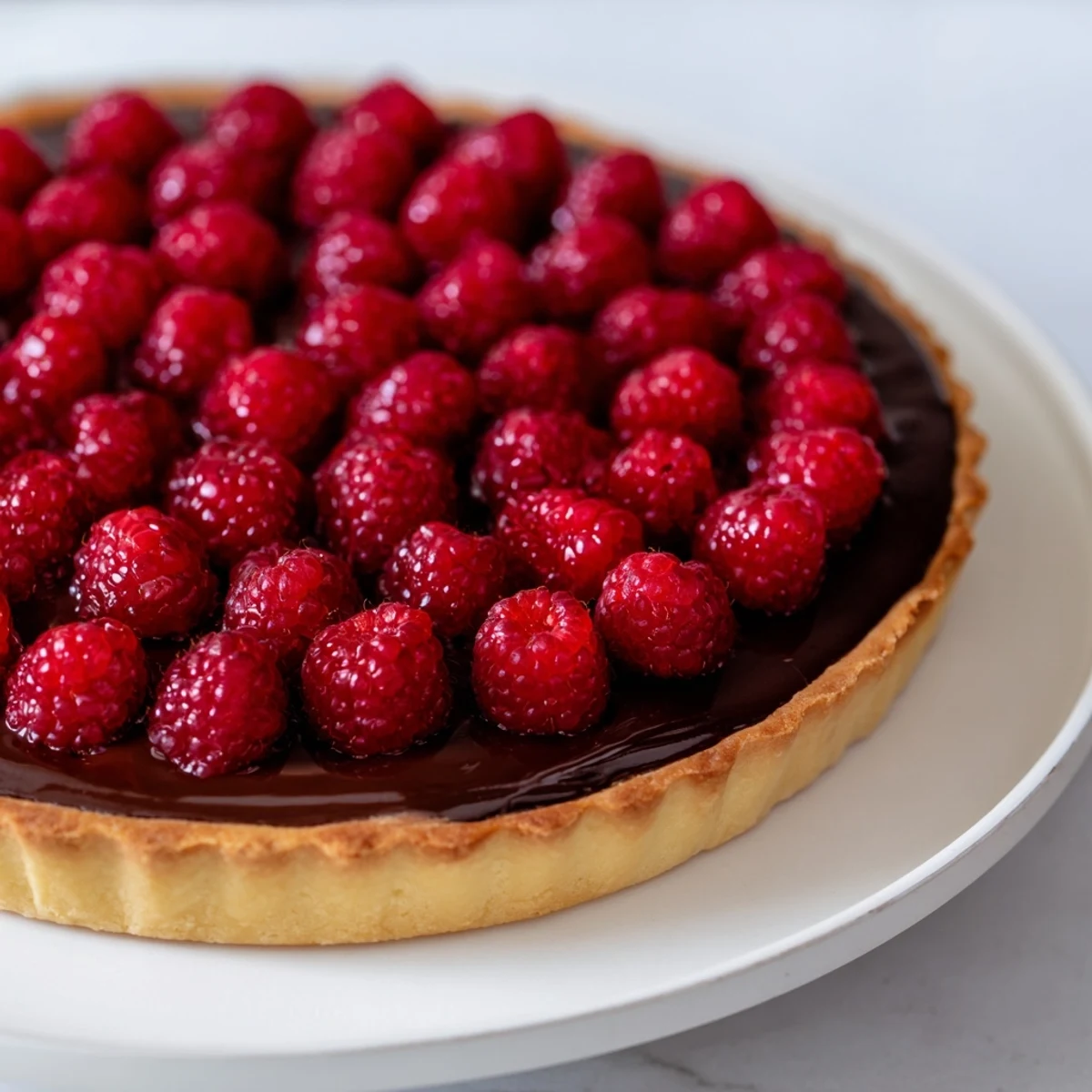 Freshly baked Raspberry Tart with Chocolate Ganache showing a golden crust and glossy ganache topped with vibrant red berries.  