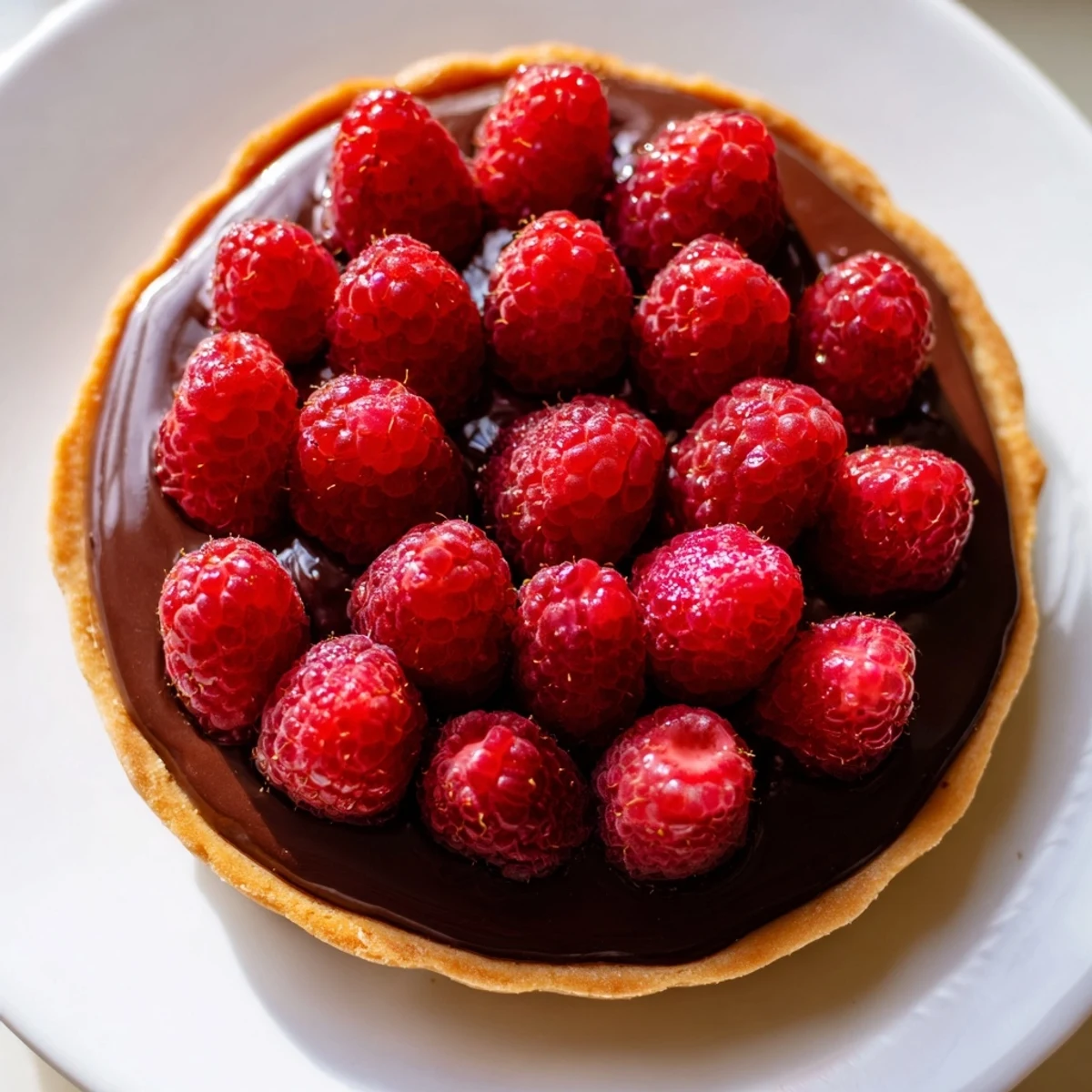 A slice of Raspberry Tart with Chocolate Ganache reveals smooth dark chocolate and fresh raspberries on a clean plate.  