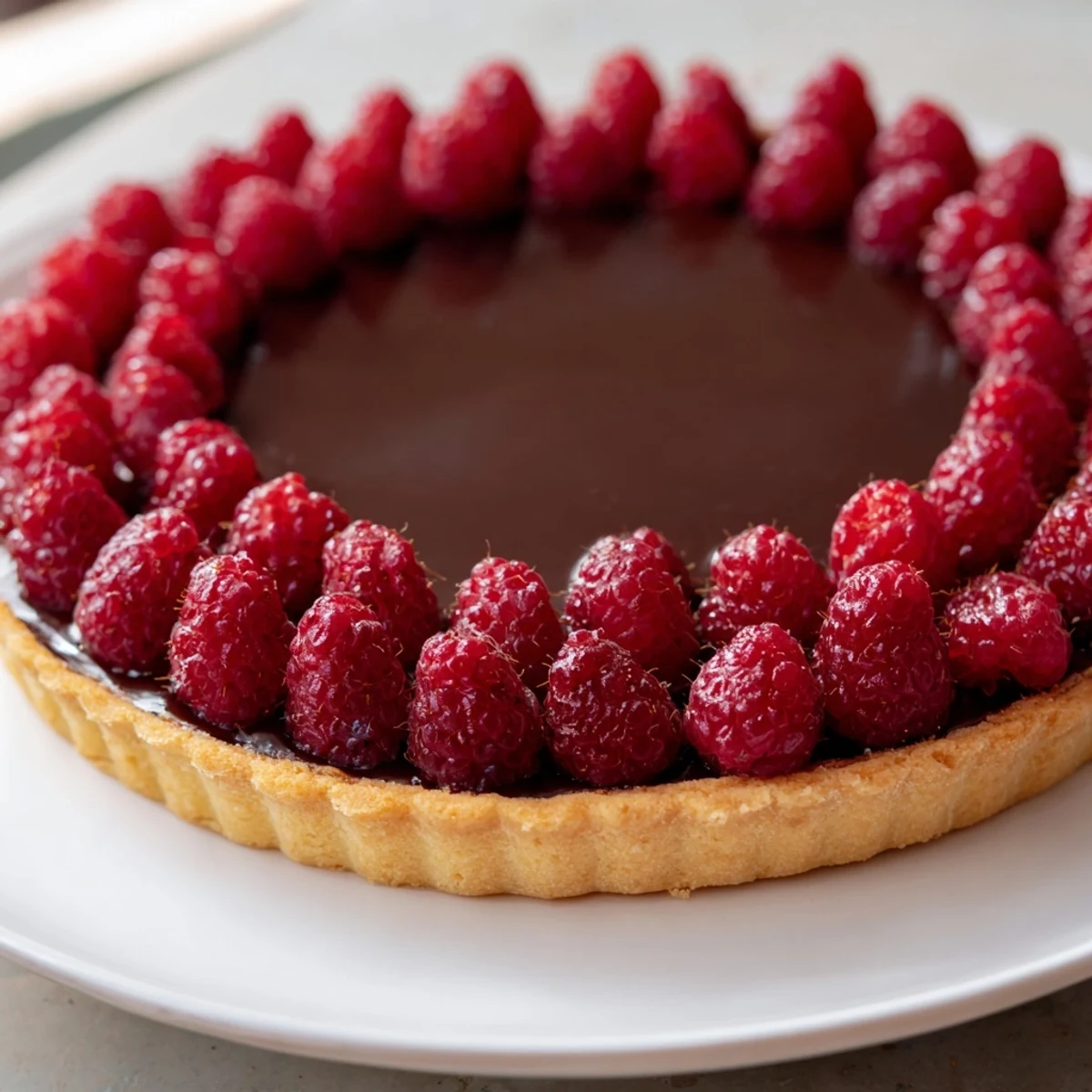 Overhead view of Raspberry Tart with Chocolate Ganache garnished with a light raspberry glaze and delicate chocolate shavings.