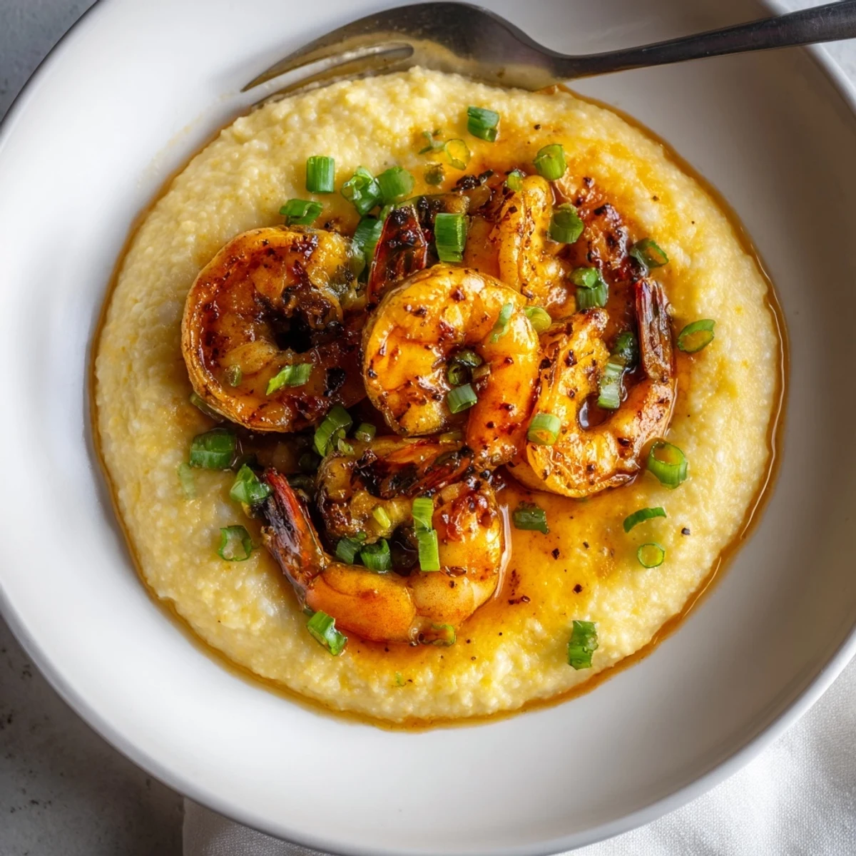 A close view of golden shrimp resting on a bed of rich, buttery cheddar grits in a white bowl.