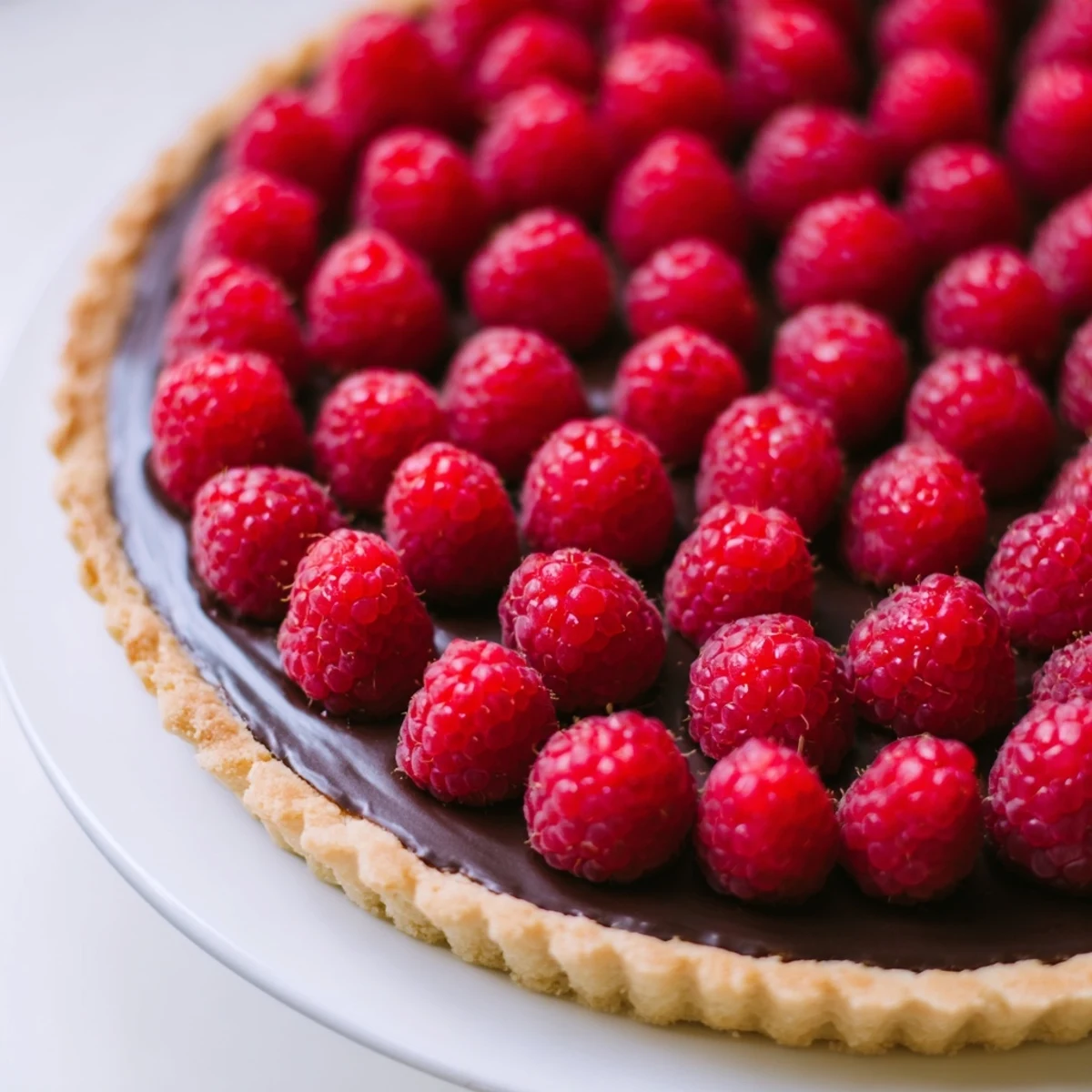 Raspberry Tart with Chocolate Ganache sits on a white plate, ready to be served with a glass of dessert wine.