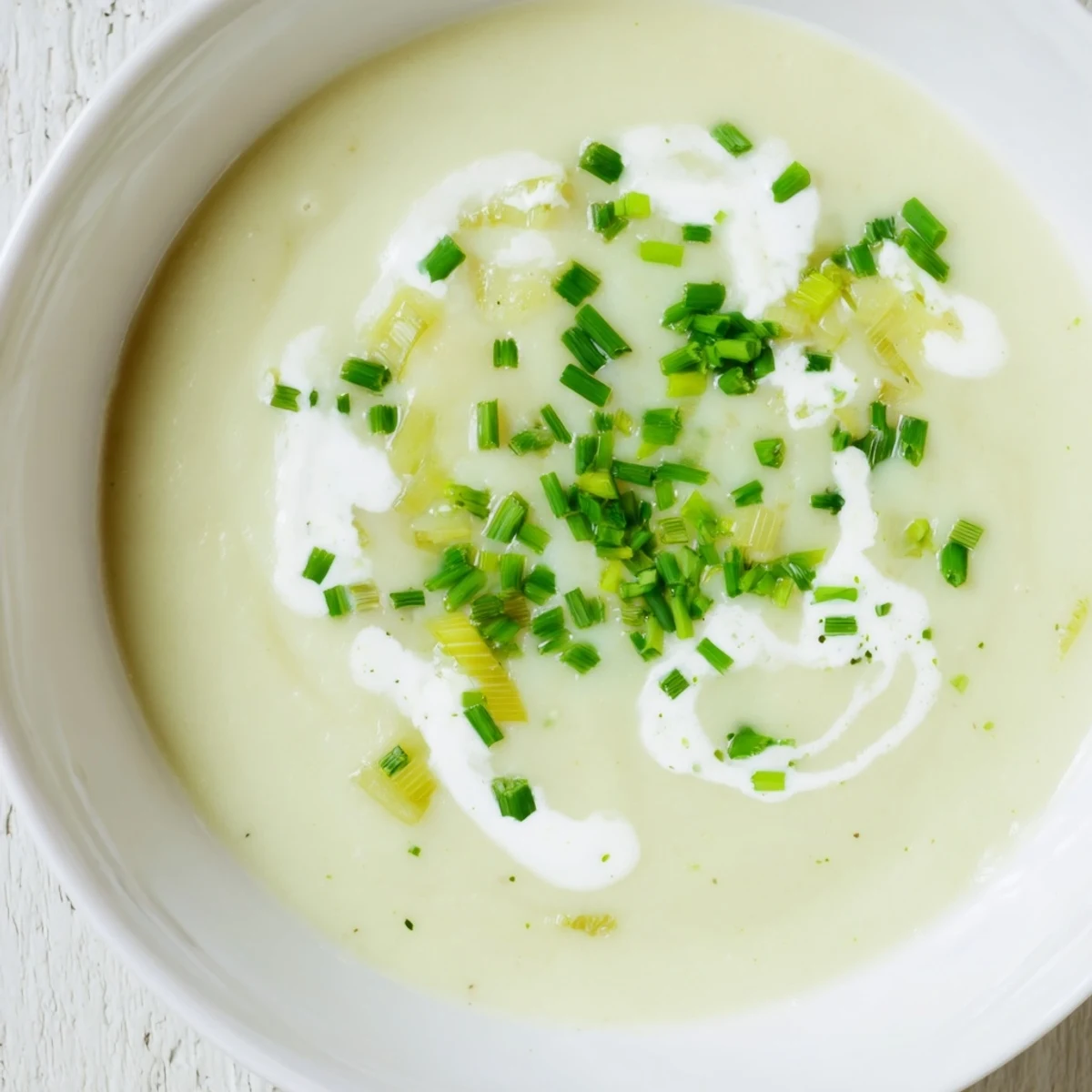 Smooth Leek and Potato Soup served with a crusty bread slice for dipping.