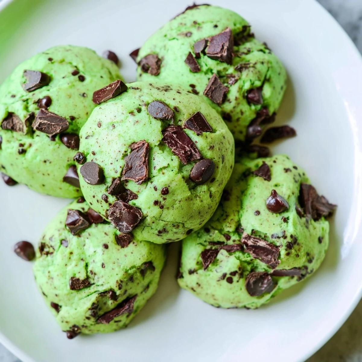 Soft, chewy Mint Chip Cookies with vibrant green dough and rich chocolate chips arranged on parchment.