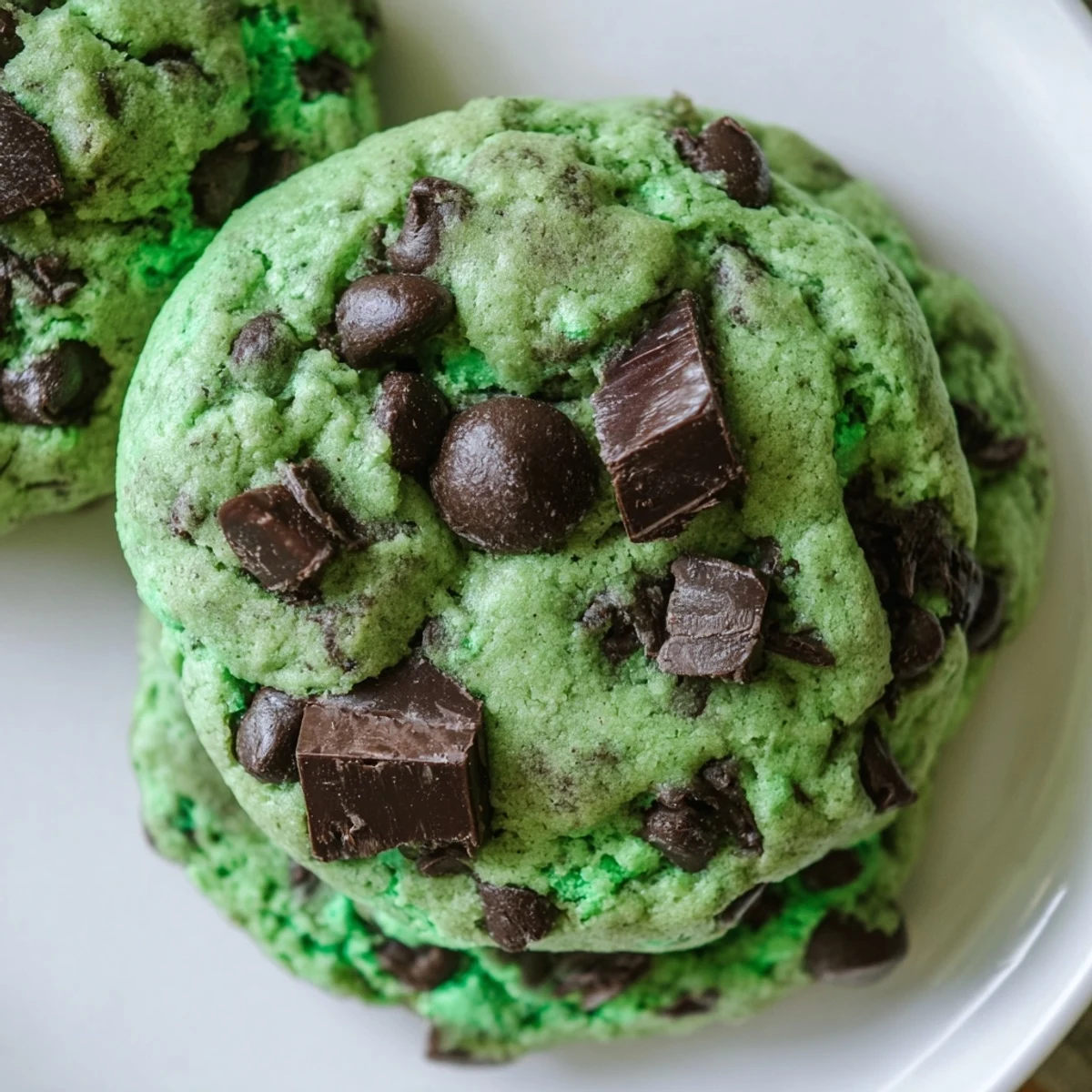 Stack of warm Mint Chip Cookies with melty chocolate chips, ready to serve with a cold glass of milk.