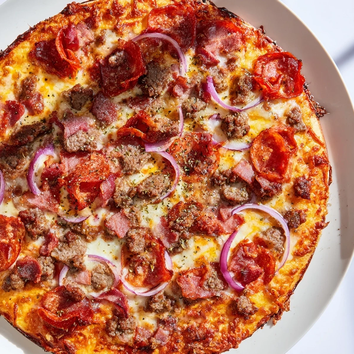 Golden-brown Meat Lover Pizza with beef toppings, pepperoni, and bacon on a chewy crust, bubbling with melted mozzarella and cheddar.
