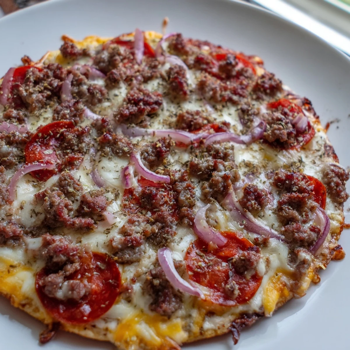 A close-up of a Meat Lover Pizza loaded with beef, pepperoni, and cheese, ideal for game day or family dinners.