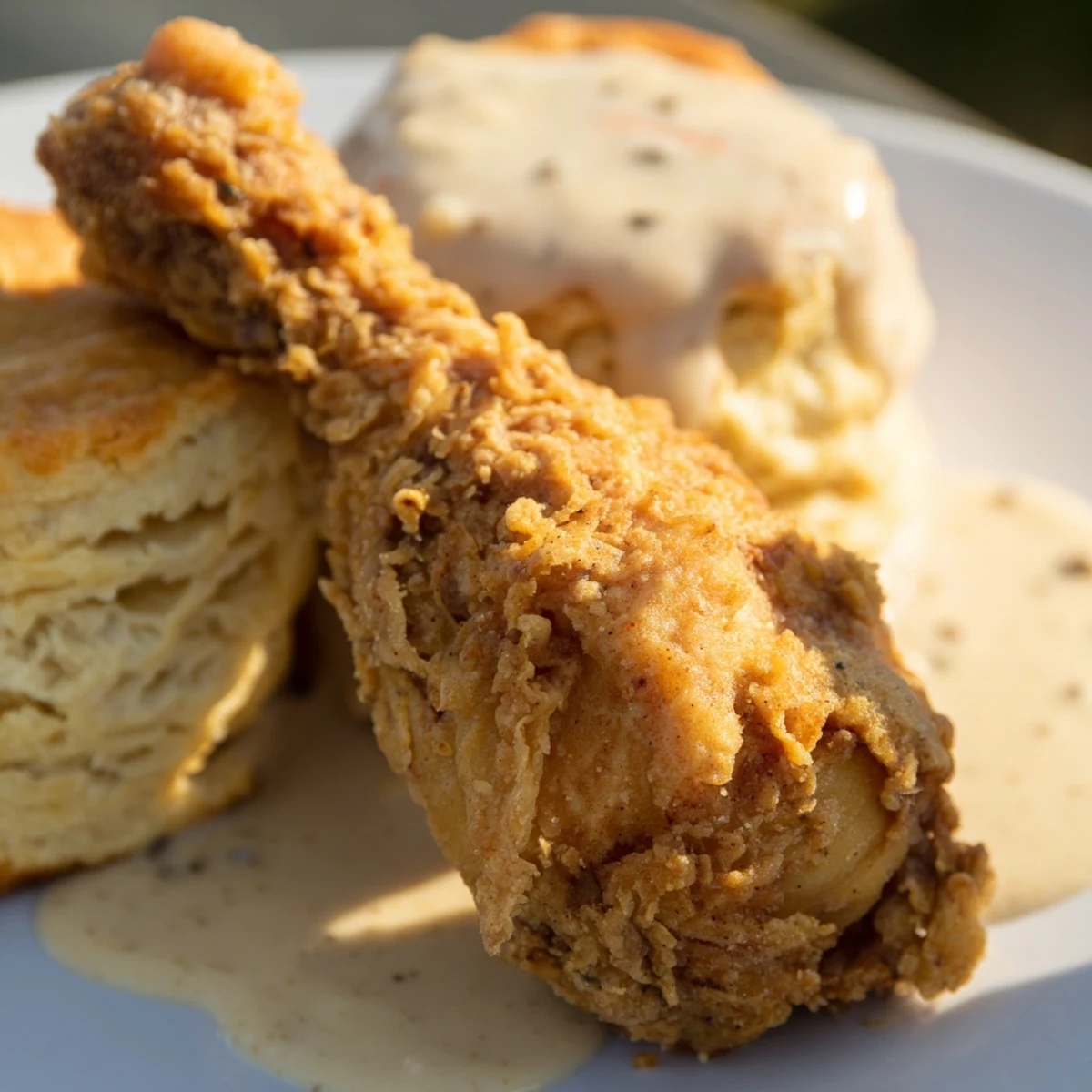 Golden-brown Fried Chicken with Biscuits and Gravy rests on a rustic plate, drizzled with creamy country gravy.