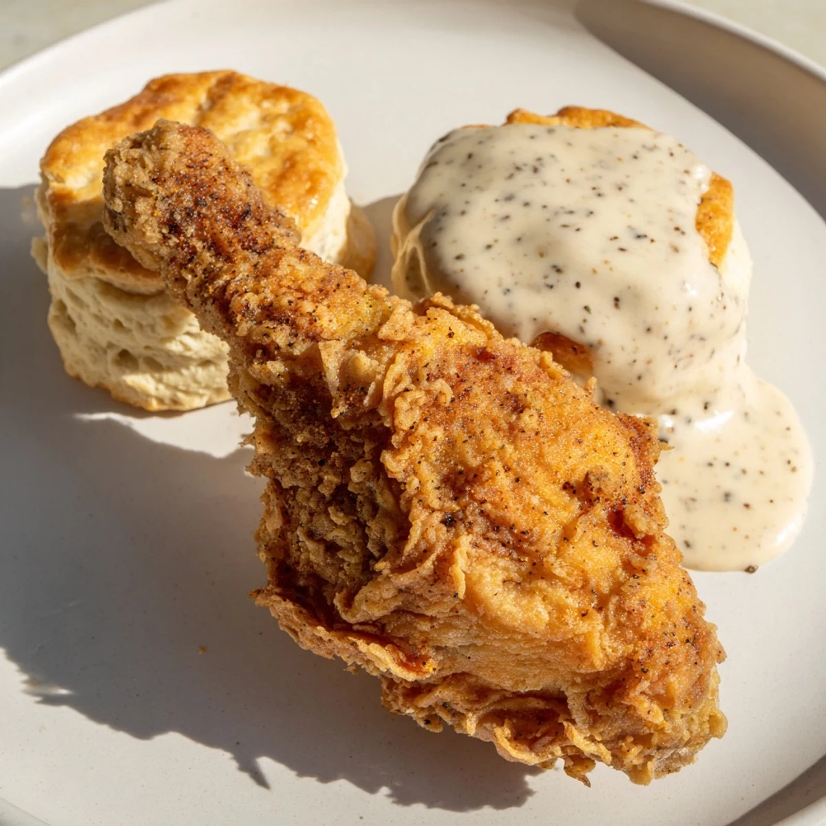 A close-up of juicy Fried Chicken with Biscuits and Gravy highlights crispy crust and flaky biscuits.