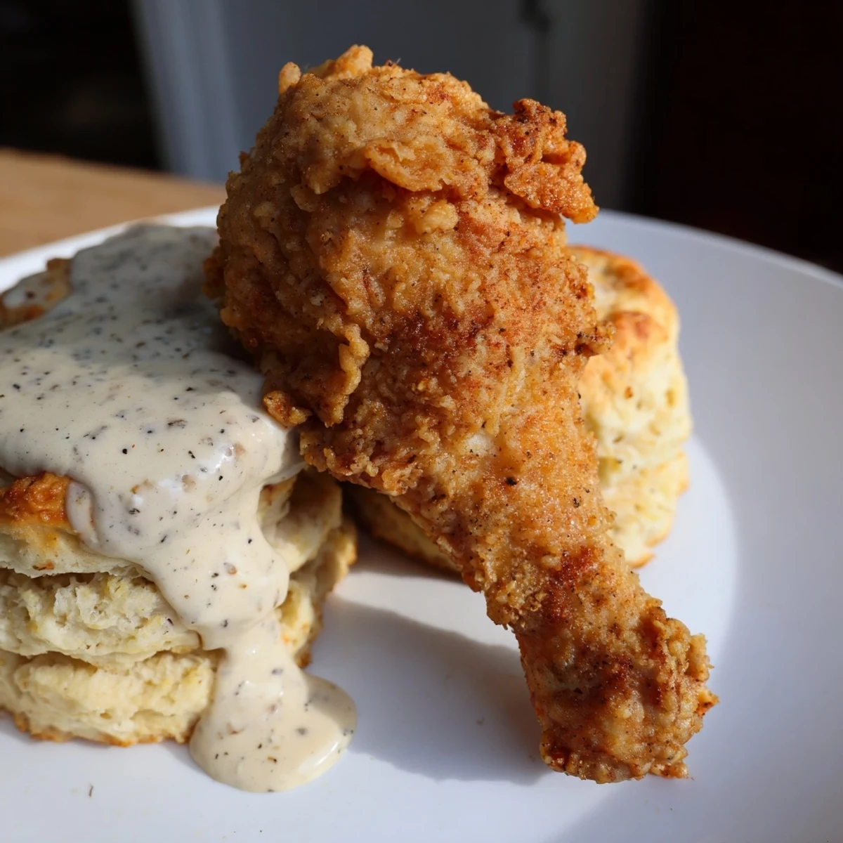Hearty Southern Fried Chicken with Biscuits and Gravy served hot, perfect for a comforting family dinner.