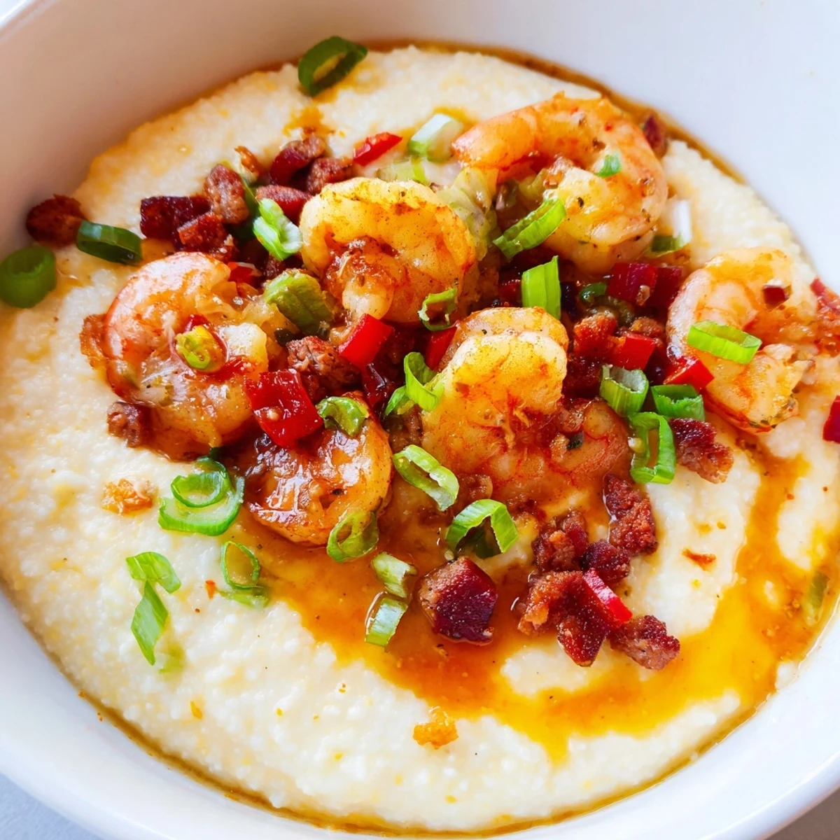Creamy cheddar cheese grits topped with sautéed shrimp, scallions, and andouille sausage in a skillet.