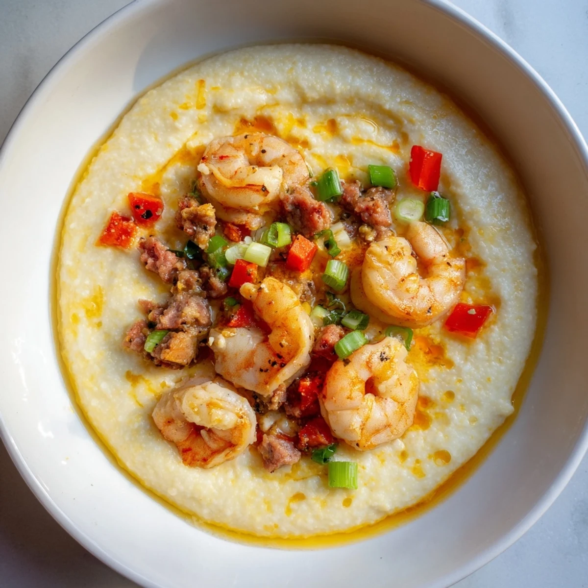 Southern shrimp and grits served in a white bowl, garnished with fresh scallions and lemon.