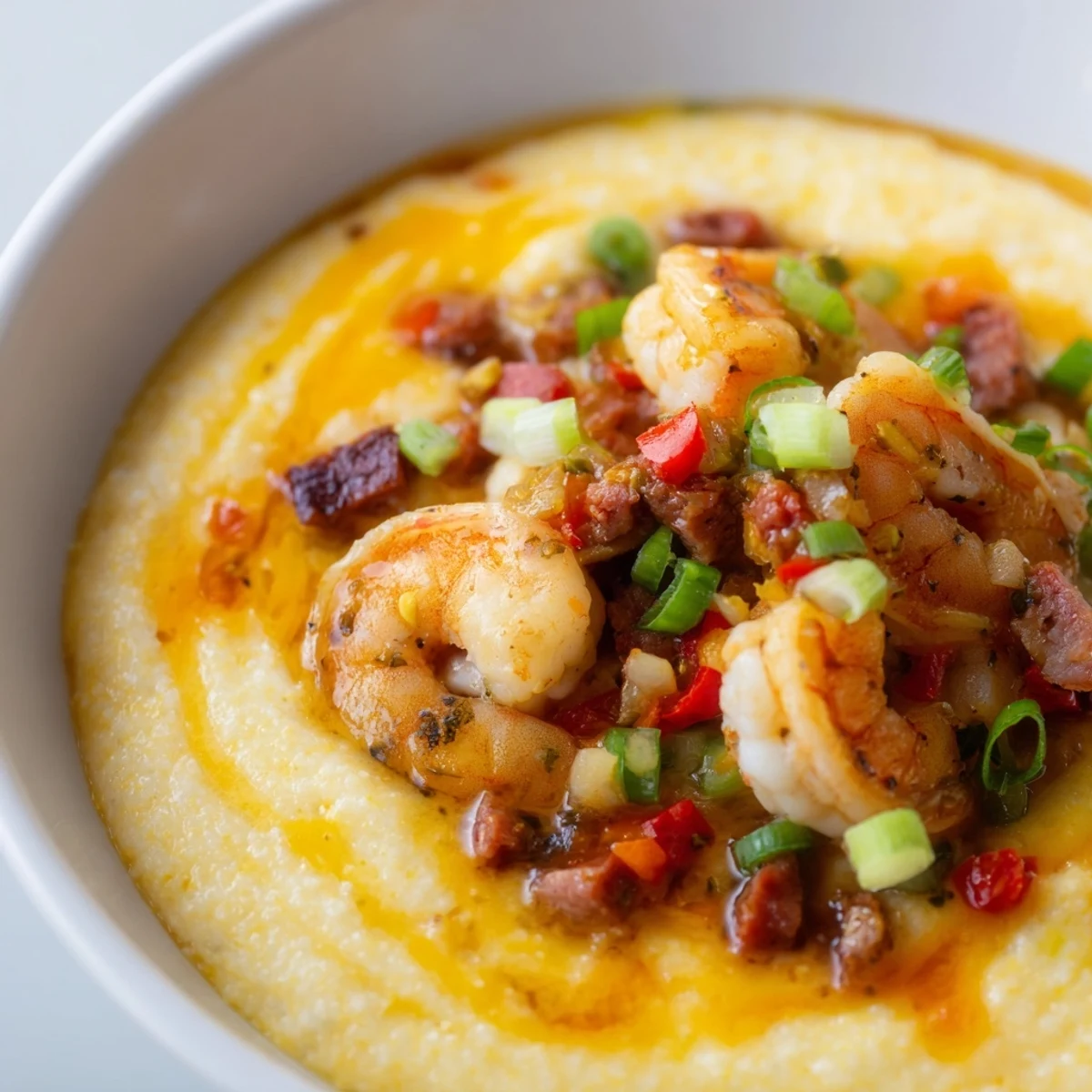 Savory shrimp and grits recipe with red bell peppers, smoked paprika, and melted cheddar cheese.