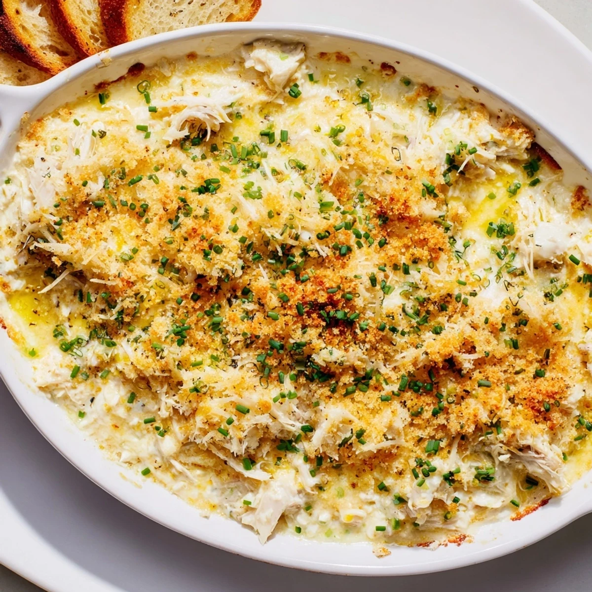 Creamy Crab Dip with Crackers and Crostini baked golden and bubbling, garnished with fresh chives and parsley.