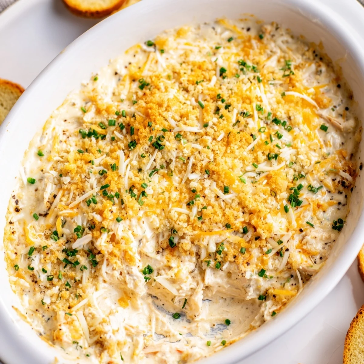 Golden-baked Crab Dip with Crackers and Crostini served warm, topped with melty cheese on a rustic platter.