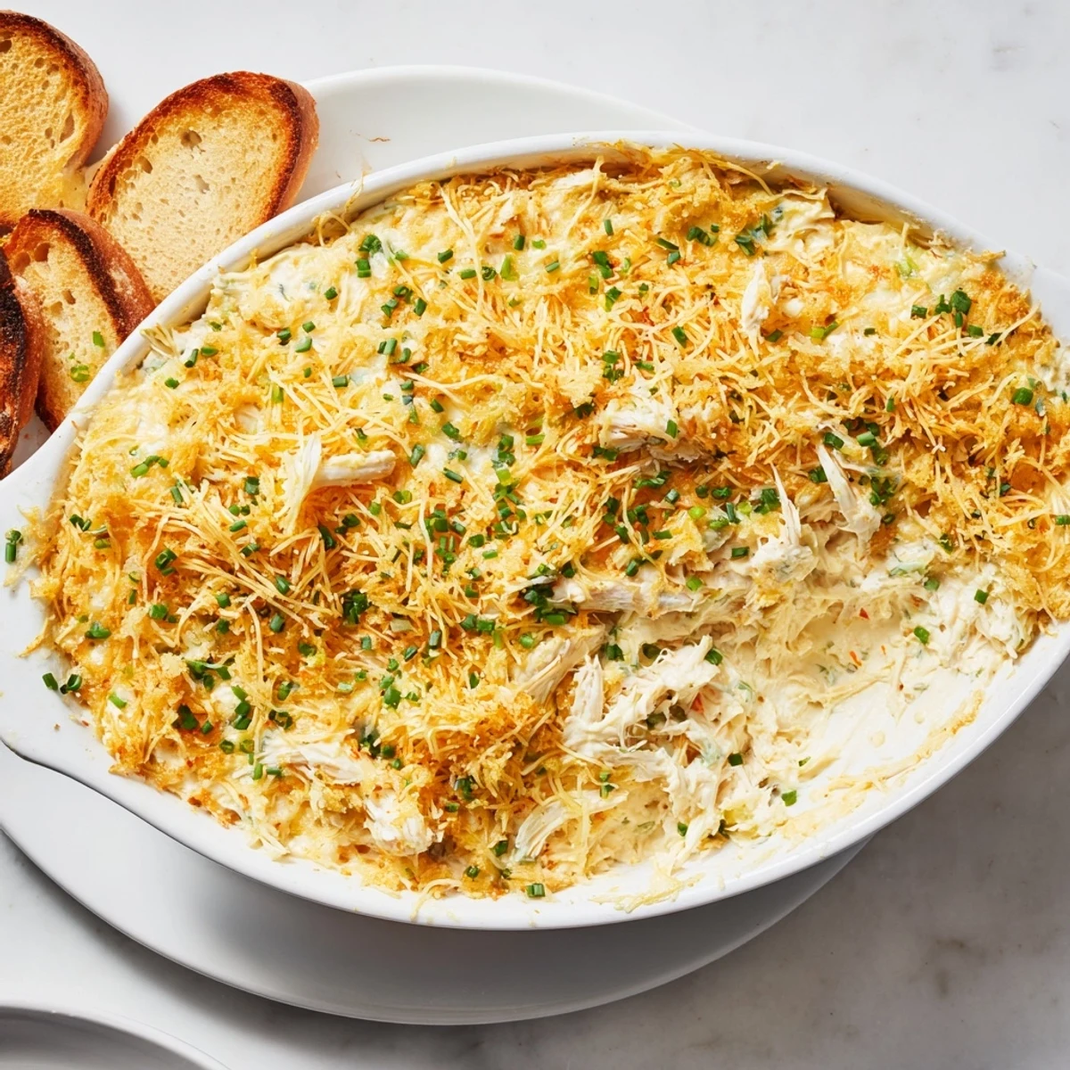 Freshly baked Crab Dip with Crackers and Crostini beside crisp baguette slices, ready for scooping at a party.