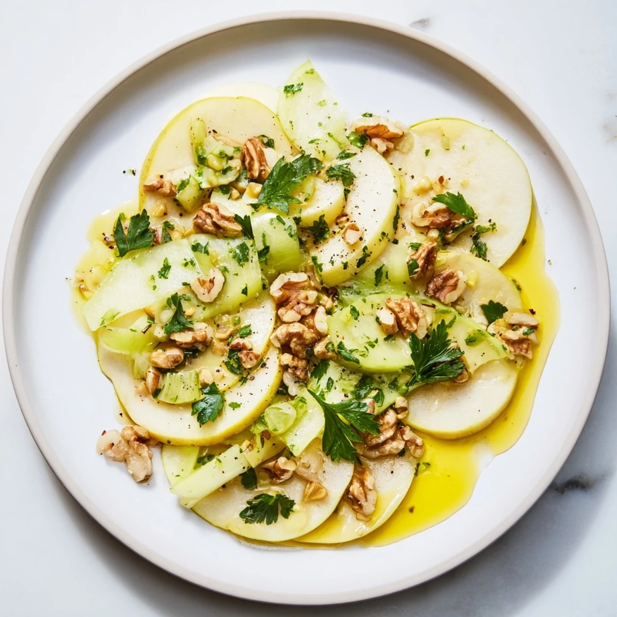 Freshly sliced apples and crisp celery tossed in a light lemon dressing, topped with crunchy toasted walnuts for a refreshing bite.