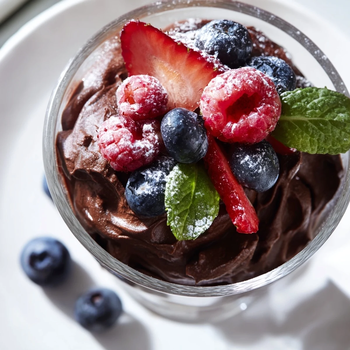 Creamy chocolate mousse in a clear glass, garnished with fresh mint and topped with vibrant strawberries, blueberries, and raspberries.  