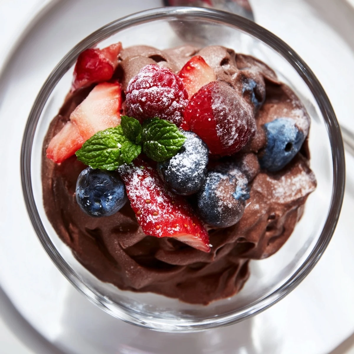Decadent dark chocolate mousse topped with juicy strawberries and plump blueberries, perfect for a gluten-free, vegetarian dessert for four.