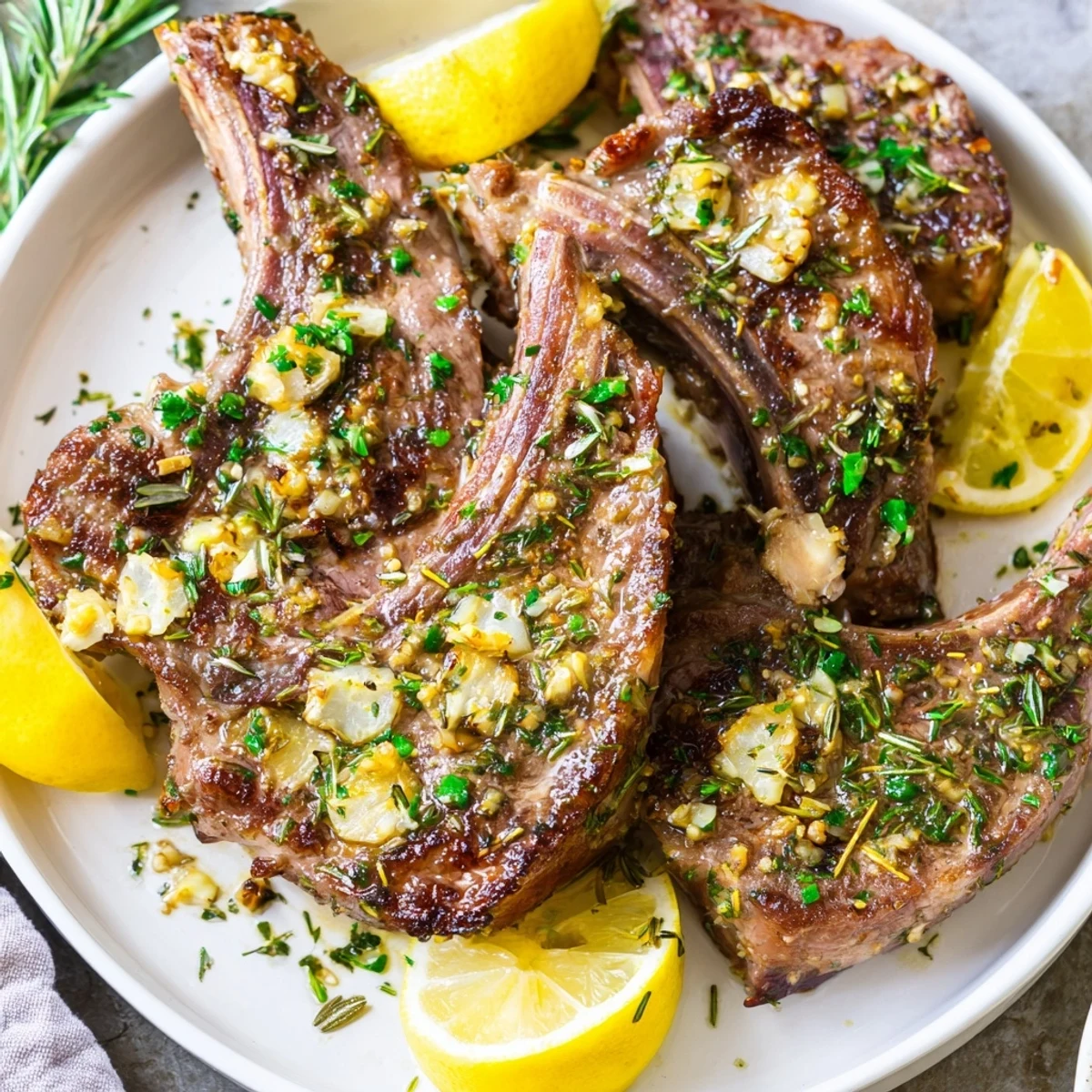 The Roasted Lamb Chops with Garlic sizzle with herbs in an oven-safe skillet, garnished with fresh parsley and lemon wedges for a bright Mediterranean finish.