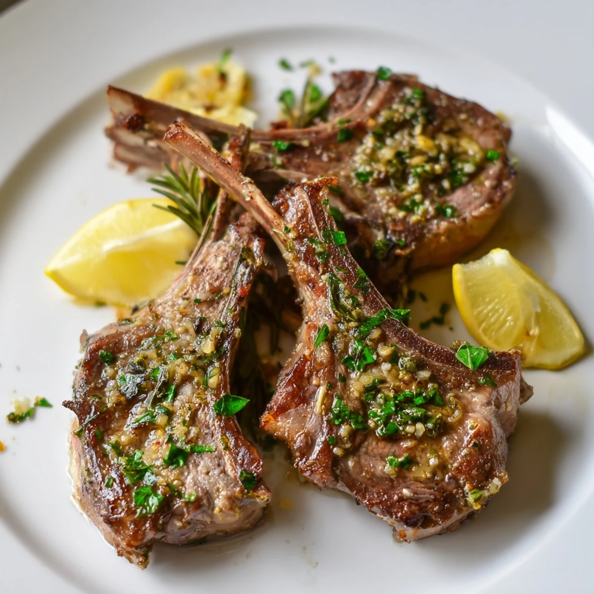 Ready to serve Roasted Lamb Chops with Garlic garnished with parsley and lemon wedges, offering an elegant, gluten-free main course for a special dinner at home.