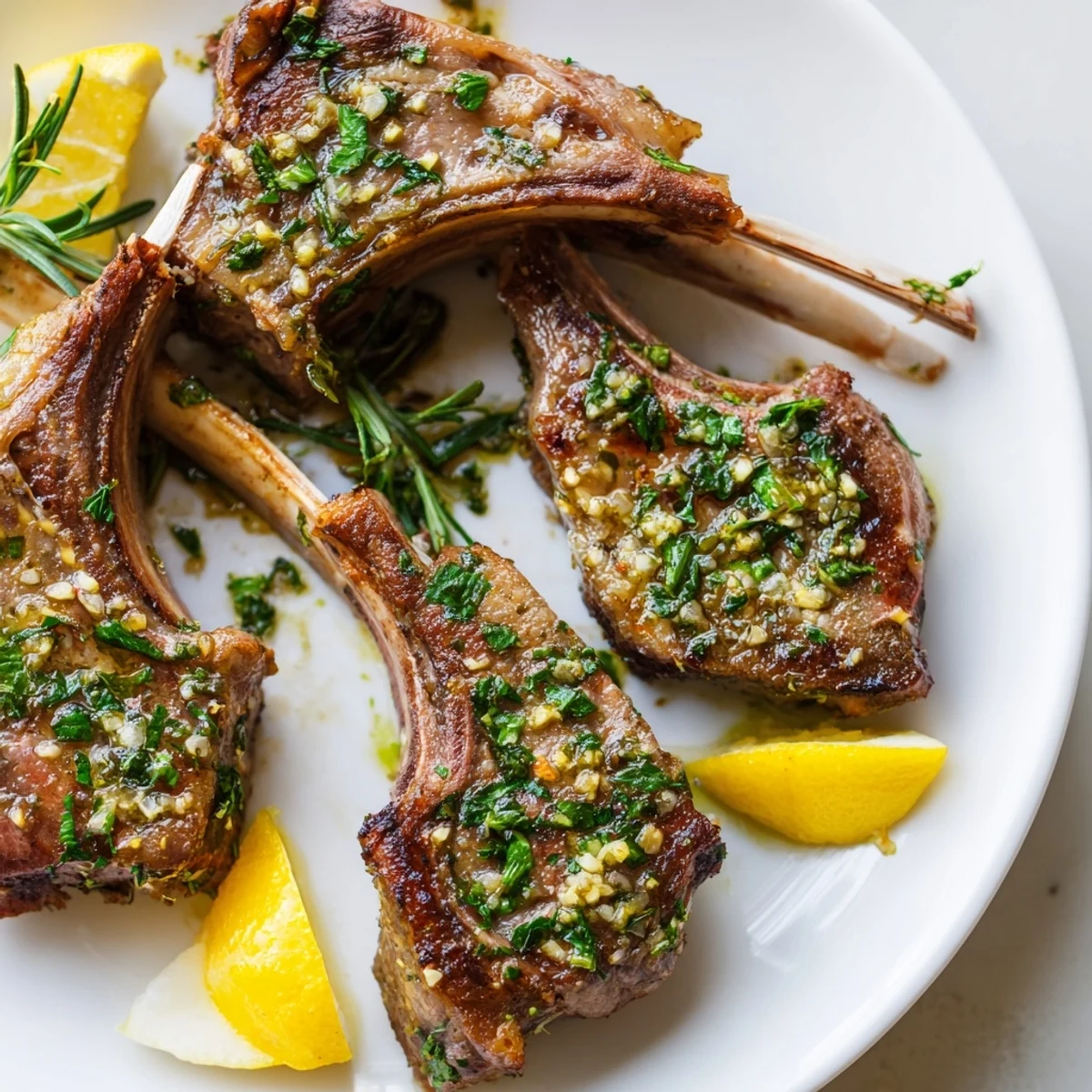A close-up of Roasted Lamb Chops with Garlic shows a beautifully browned crust and juicy interior, served alongside roasted potatoes and a fresh green salad.
