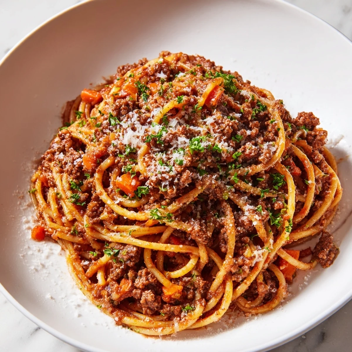 Steaming bowls of Beef Bolognese with Spaghetti feature rich, slow-simmered meat sauce clinging to perfectly al dente pasta strands.  