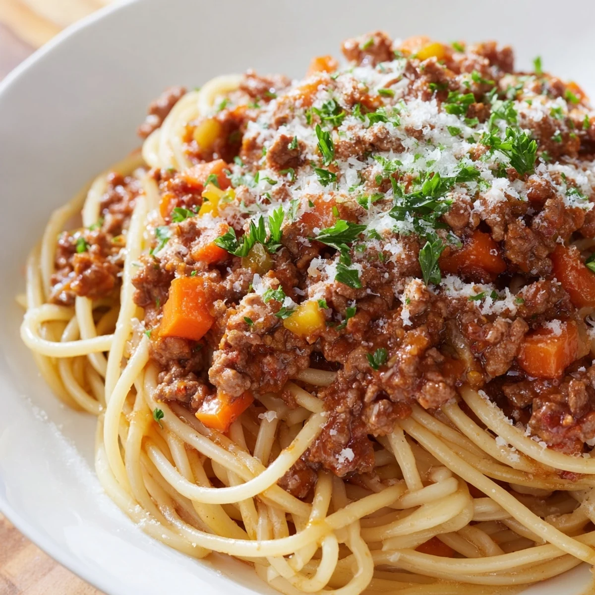 Hearty Beef Bolognese with Spaghetti is served family-style in a large bowl, ready for a comforting Italian-inspired dinner.