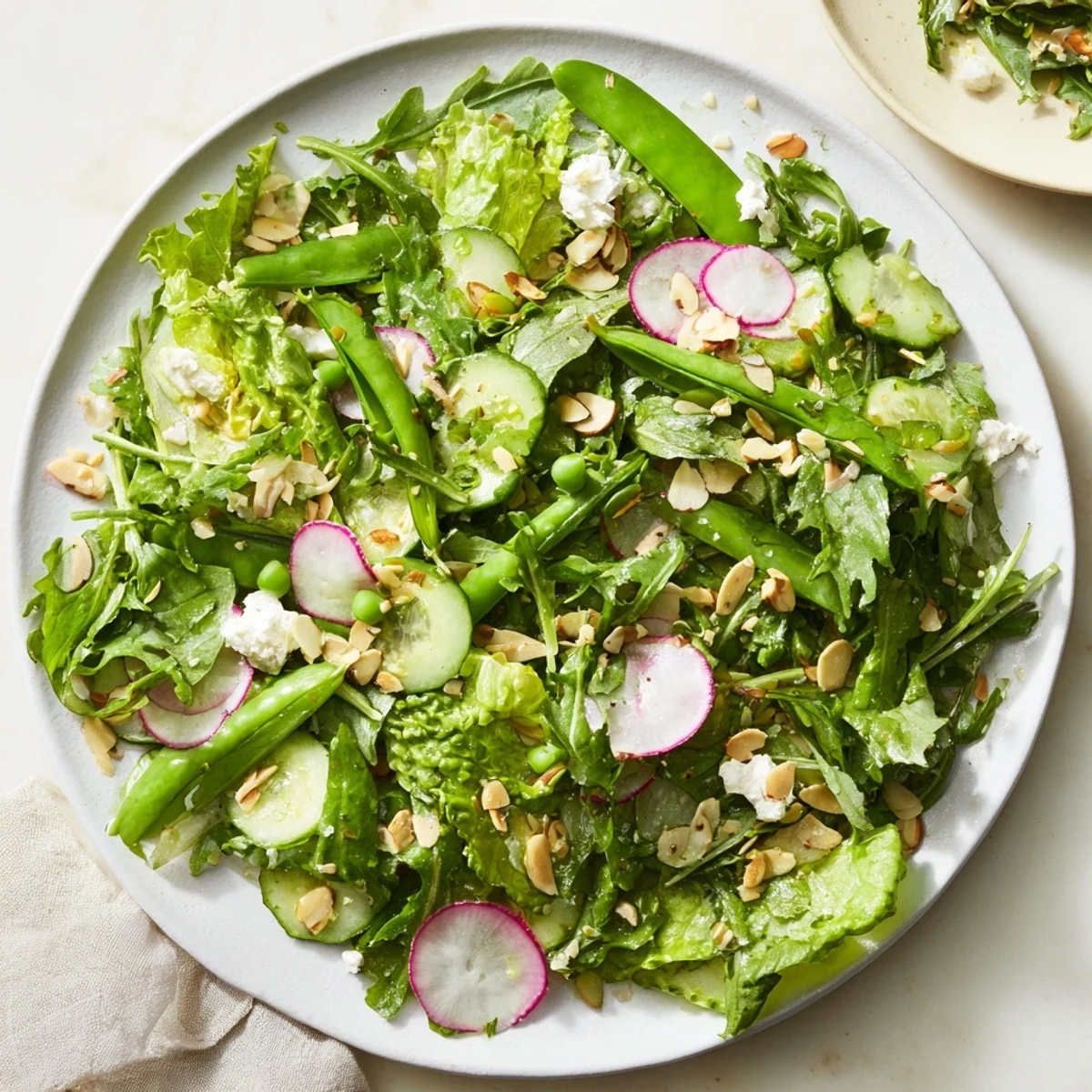 Fresh spring greens salad with snap peas, cucumbers, and radishes topped with almonds and creamy goat cheese, drizzled with lemon vinaigrette.  