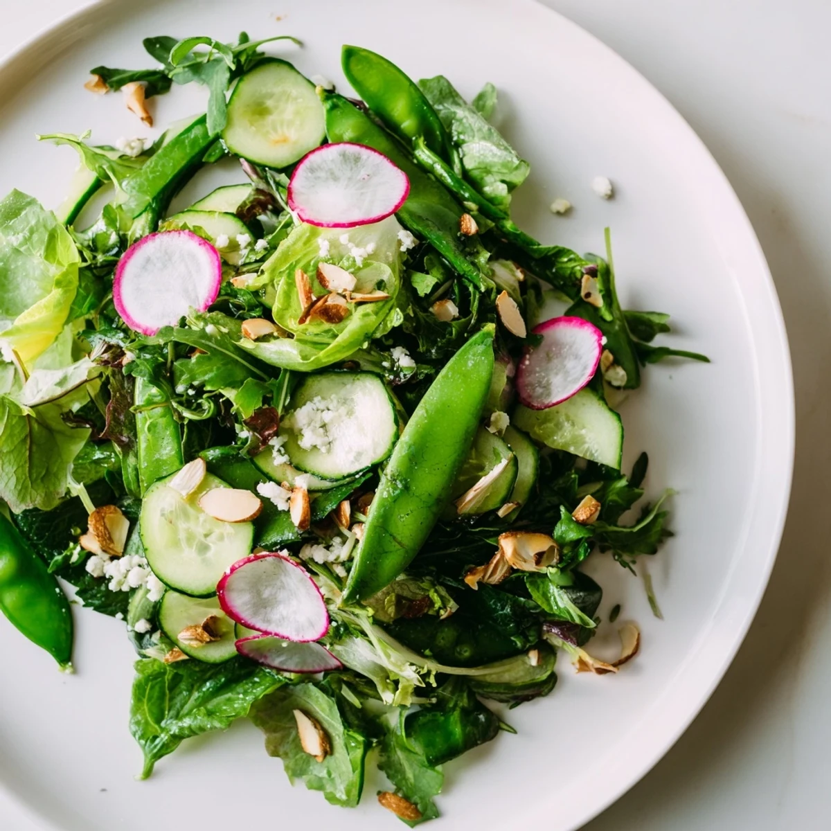 A colorful bowl of Spring Greens Salad with Lemon Vinaigrette garnished with toasted almonds and optional goat cheese, perfect for spring gatherings.