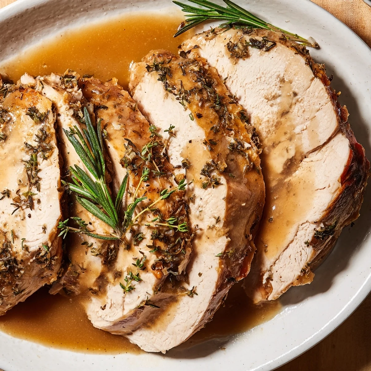 Golden-brown Alternative Easter Roast Turkey fresh from the oven, adorned with rosemary, thyme, and fresh parsley sprigs.