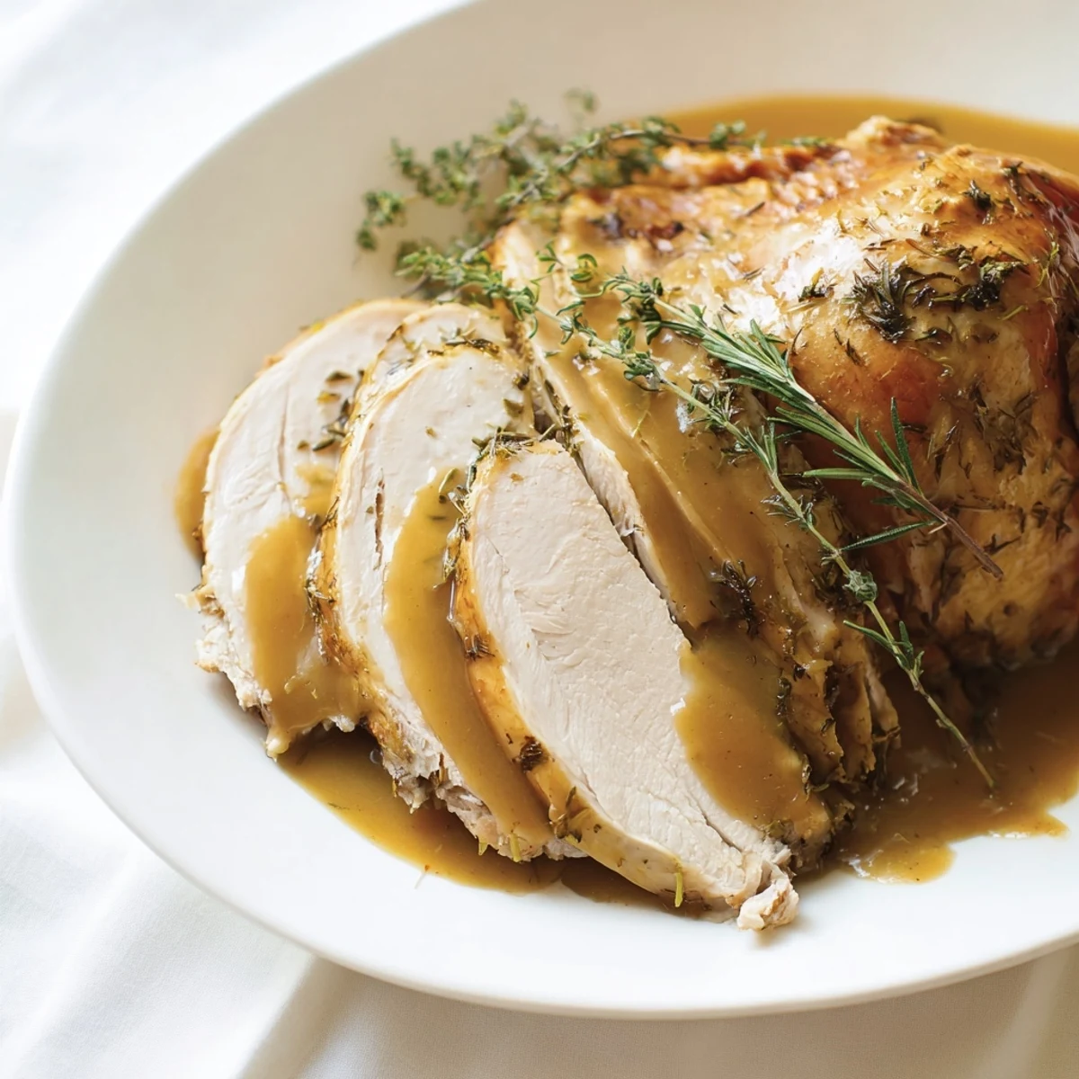 A beautifully roasted whole turkey for Easter, brushed with herb butter and served with rich gravy, ready to slice.