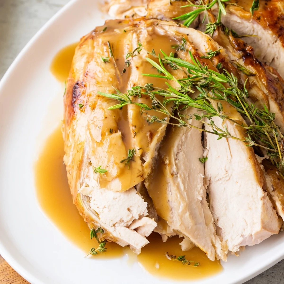 Carving the succulent Alternative Easter Roast Turkey, revealing juicy meat, surrounded by roasted vegetables and a bowl of gravy.