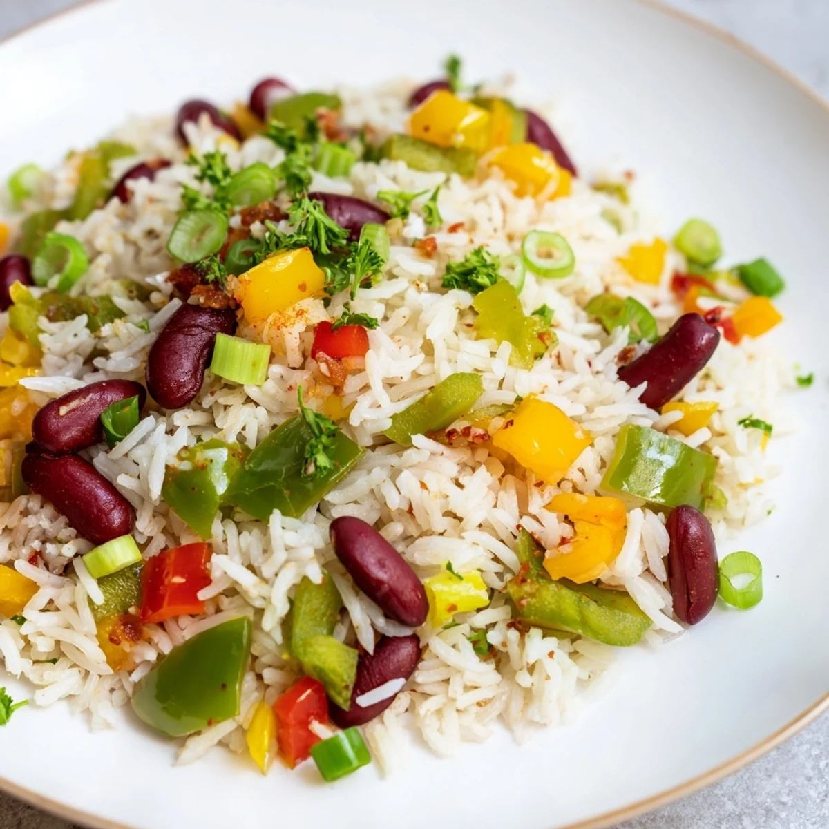 A vibrant bowl of Mardi Gras Rice and Beans, garnished with green onions and parsley.