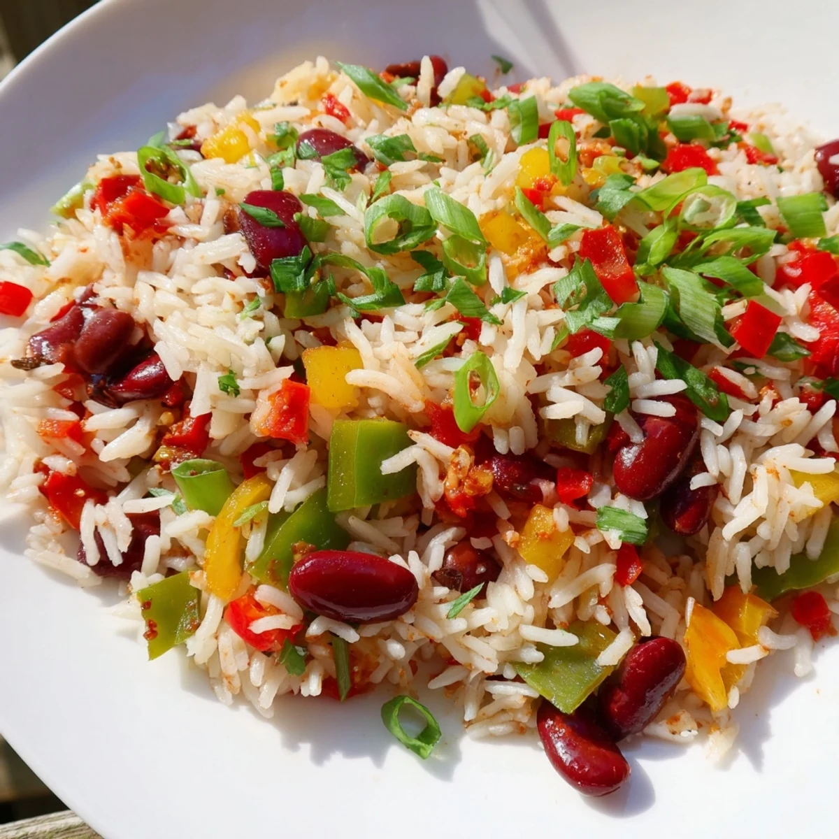 Hearty Mardi Gras Rice and Beans served steaming hot, with a dash of hot sauce on the side.