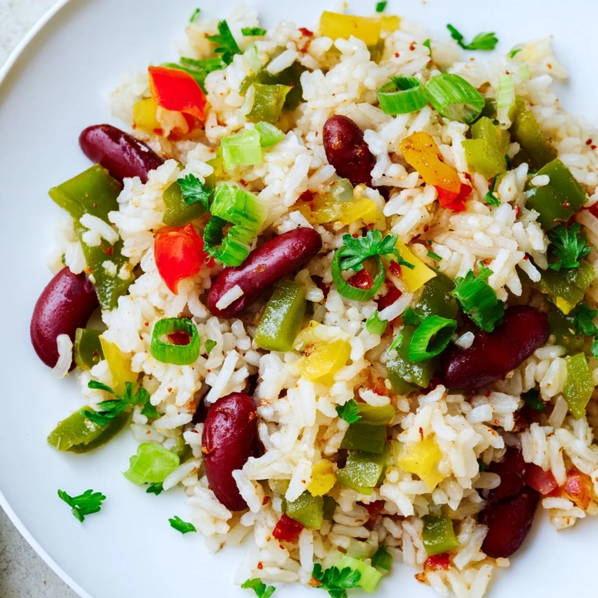 Colorful Mardi Gras Rice and Beans in a pot, featuring bell peppers and red kidney beans.