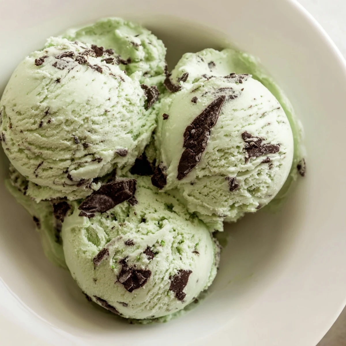 A vibrant scoop of homemade Green Mint Chocolate Chip Ice Cream in a chilled glass bowl, studded with dark chocolate pieces.  