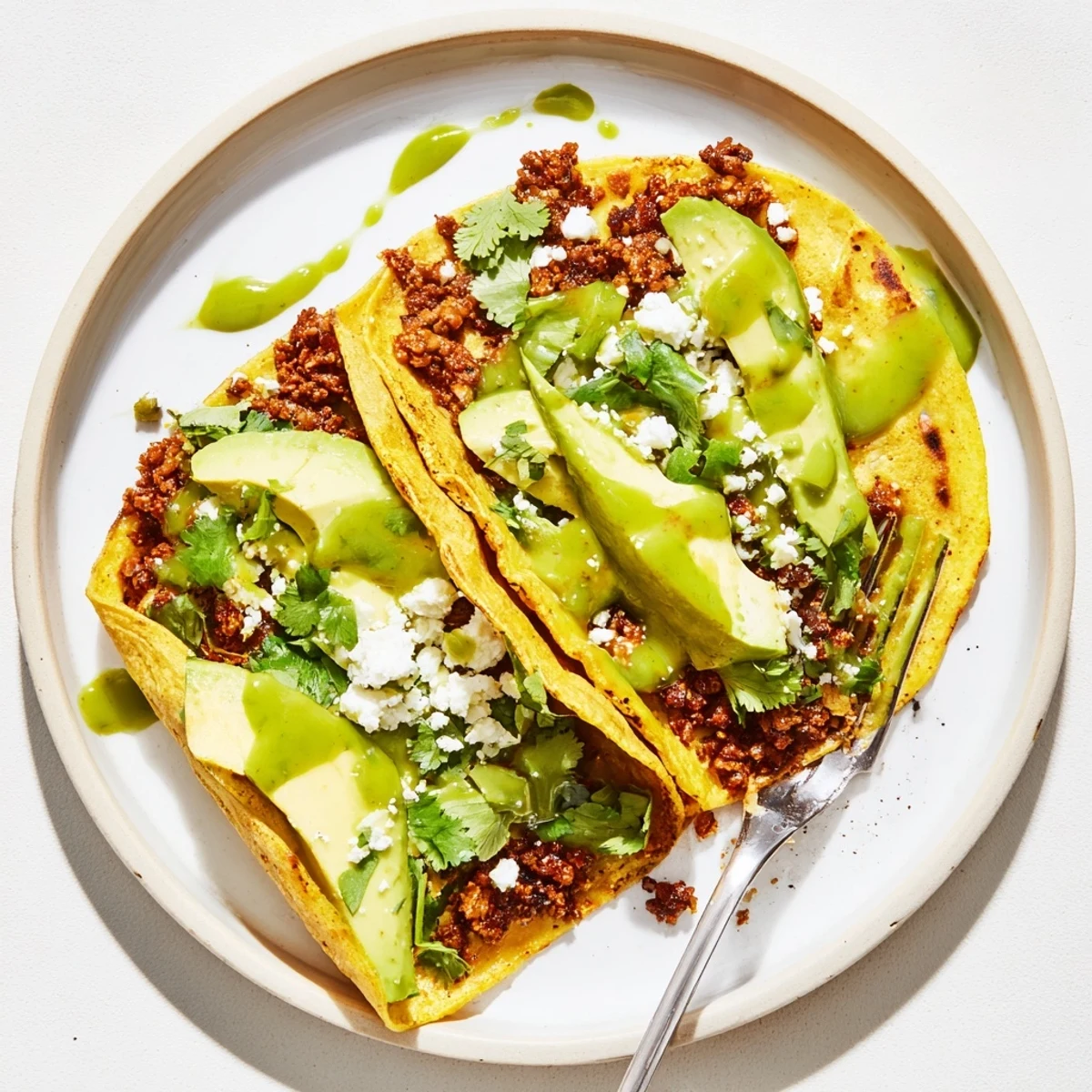 Steaming warm corn tortillas cradle the spicy beef filling, generously topped with bright salsa verde and fresh cilantro.  