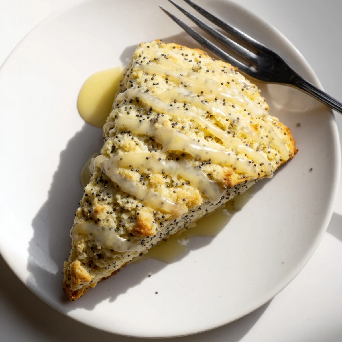 Golden-brown Lemon Poppy Seed Scones fresh from the oven on a rustic wooden board, ready for breakfast.