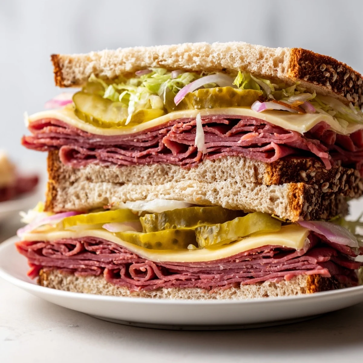 Fresh Corned Beef Sandwich on Rye cut in half, with tangy mustard, crunchy lettuce, and onion slices on a rustic board.