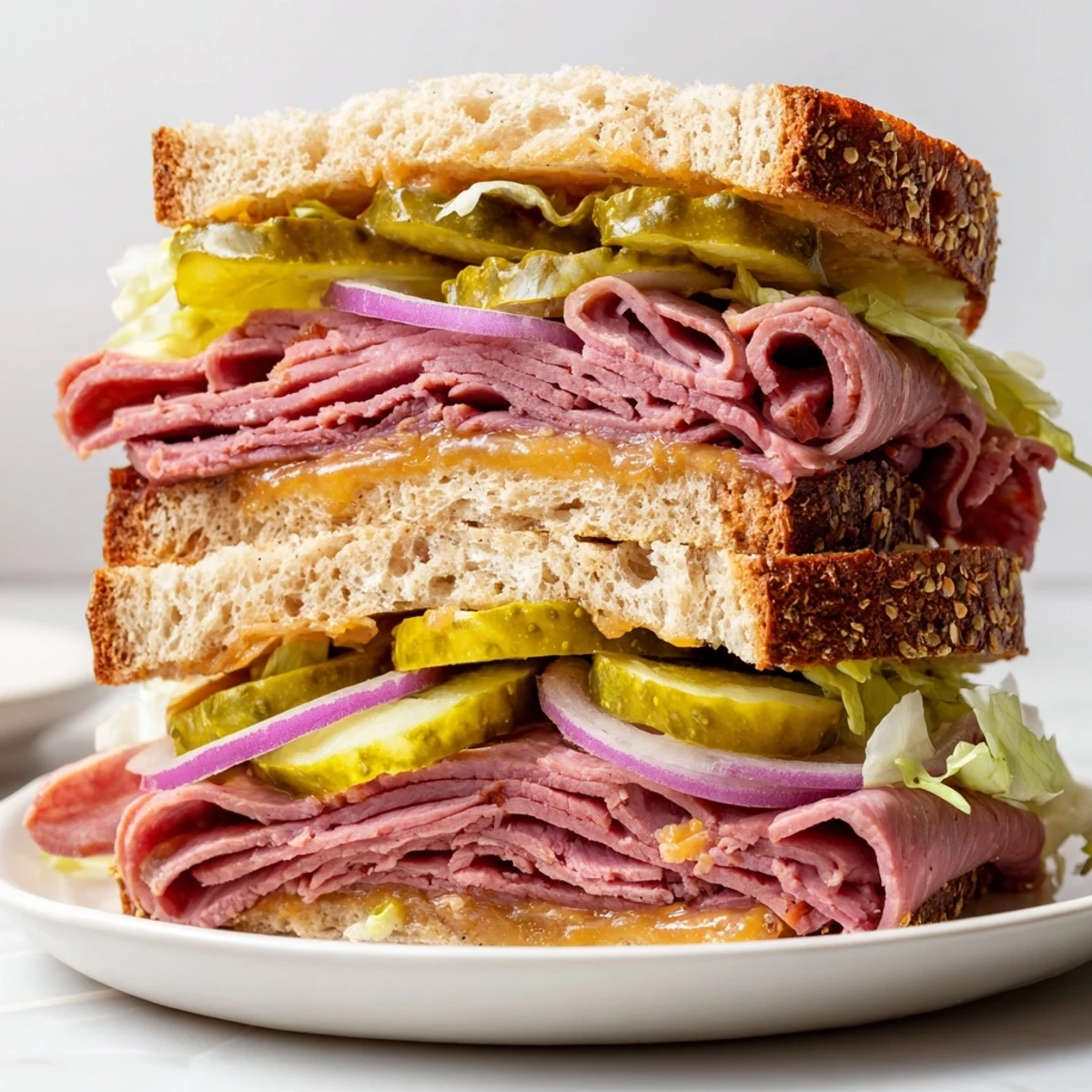 Delicious Corned Beef Sandwich on Rye served with potato chips, featuring layered meat and tangy mustard on seeded rye bread.
