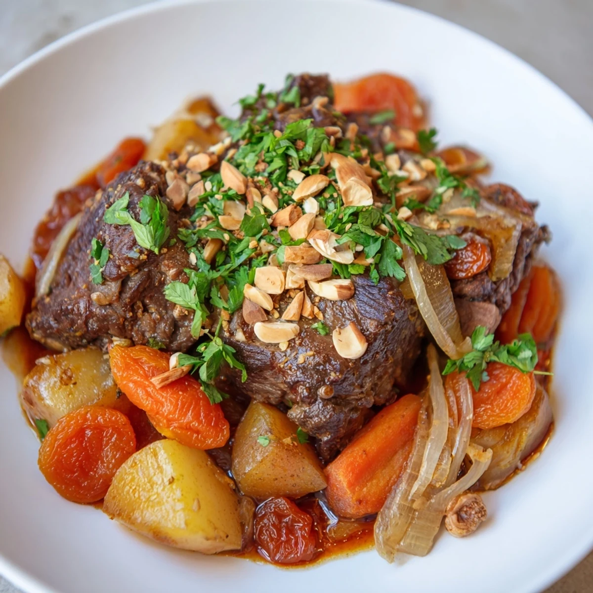 A hearty bowl of Slow Cooker Moroccan Lamb Tagine features sweet apricots and tender vegetables.