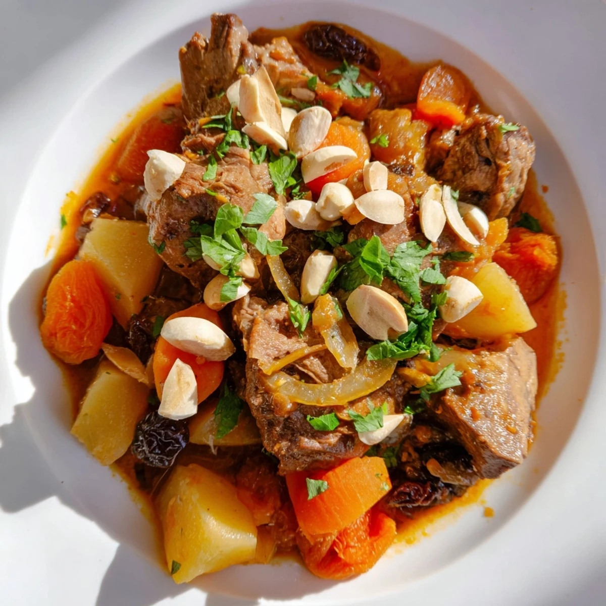 Savory Slow Cooker Moroccan Lamb Tagine served over fluffy couscous with fresh cilantro garnish.