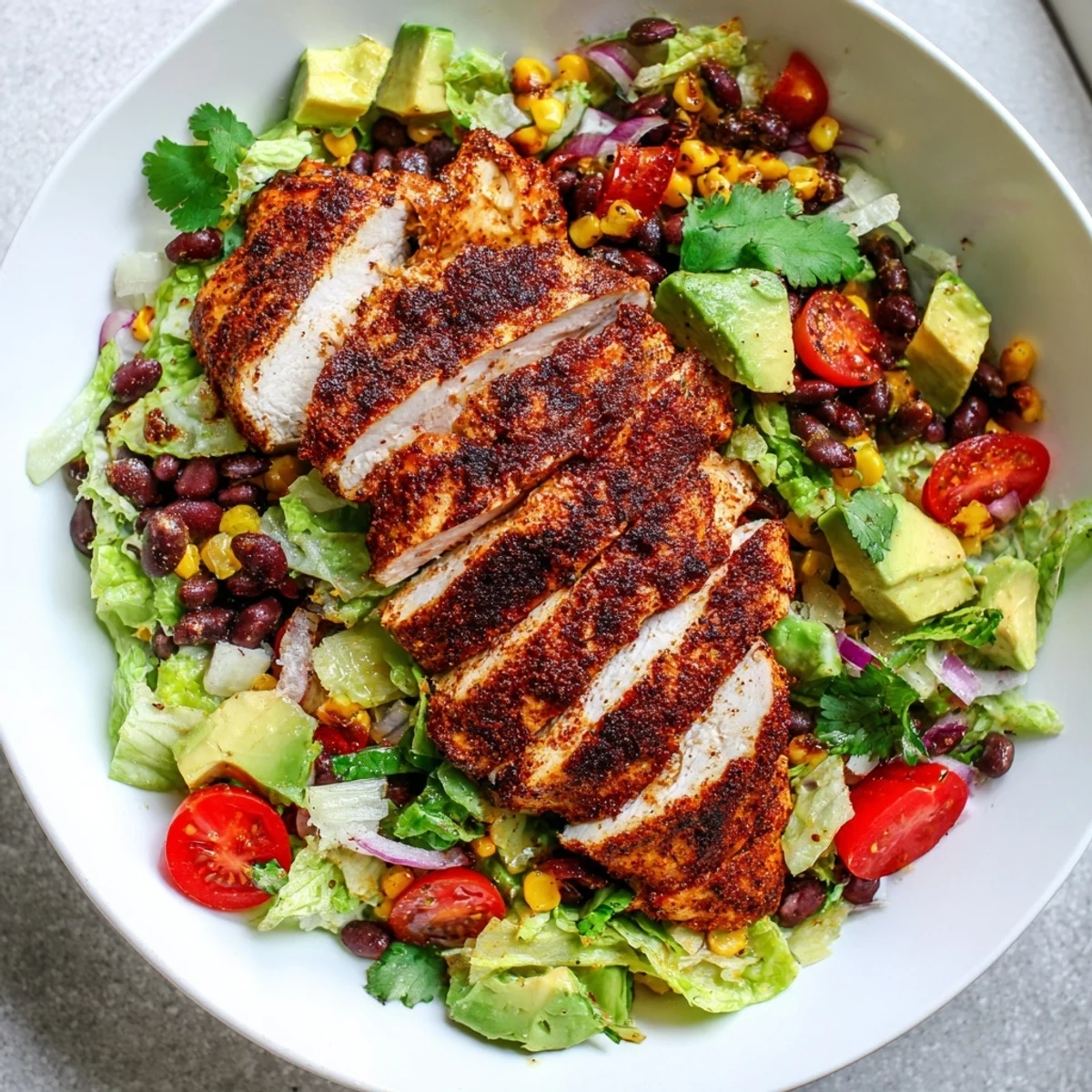 Tossed with black beans, sweet corn, and diced avocado, the salad is dressed in a zesty lime vinaigrette.