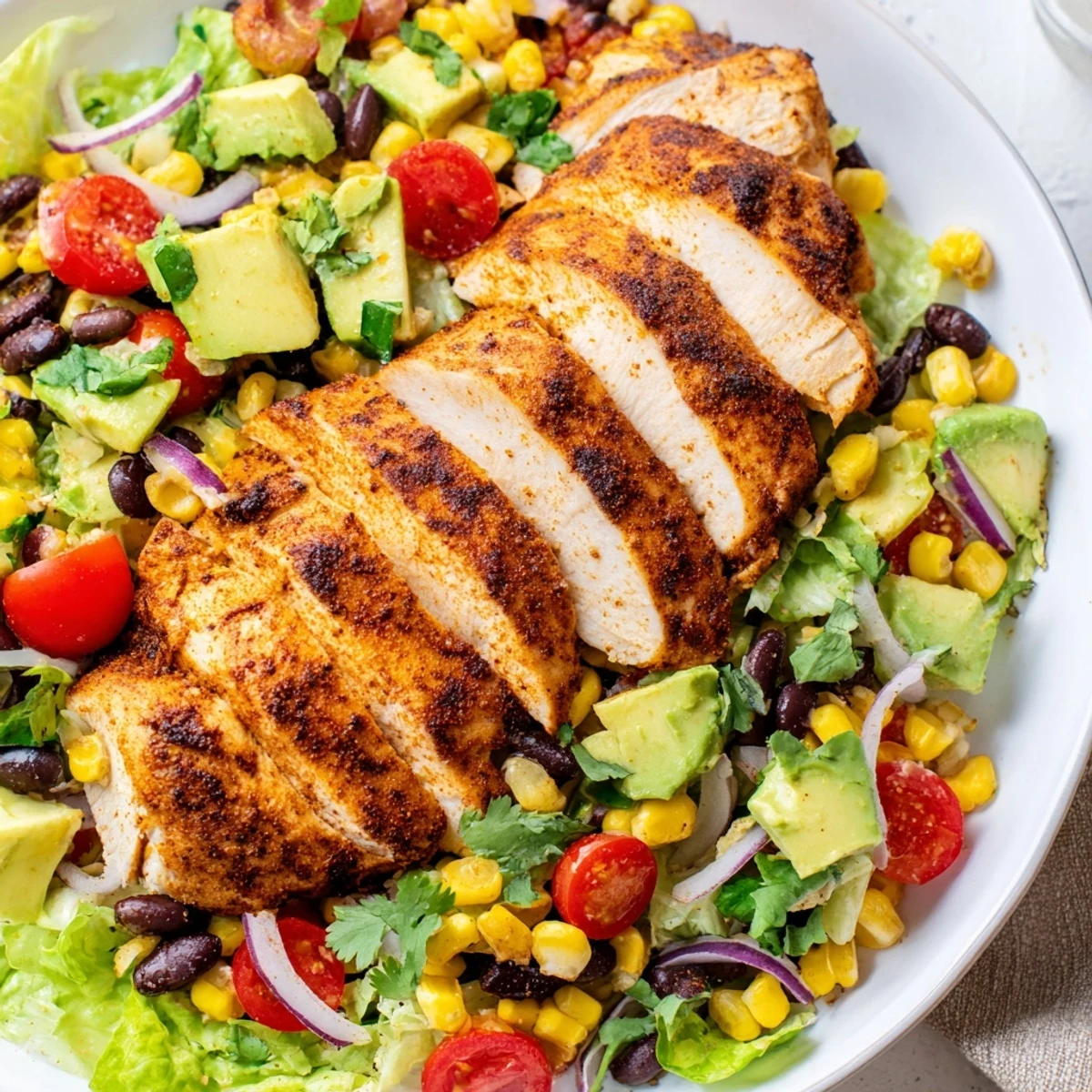 Sliced spiced grilled chicken sits atop a crisp bed of romaine lettuce in this Southwest Chicken Salad.
