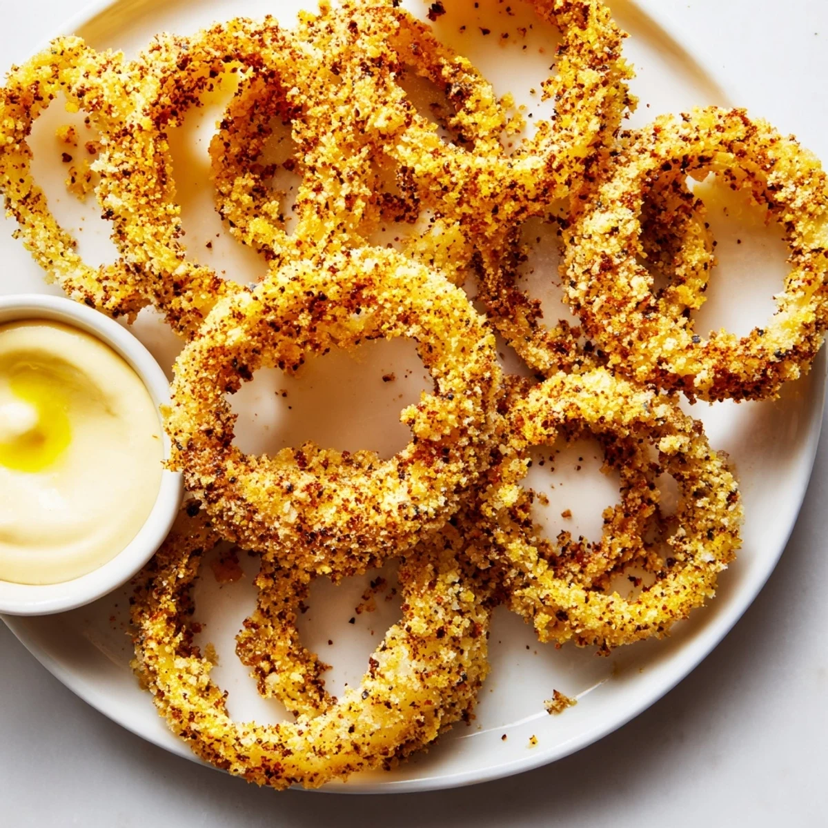 A serving of Crispy Air Fryer Onion Rings with Dip, ready to eat on a casual dinner table in an American kitchen.