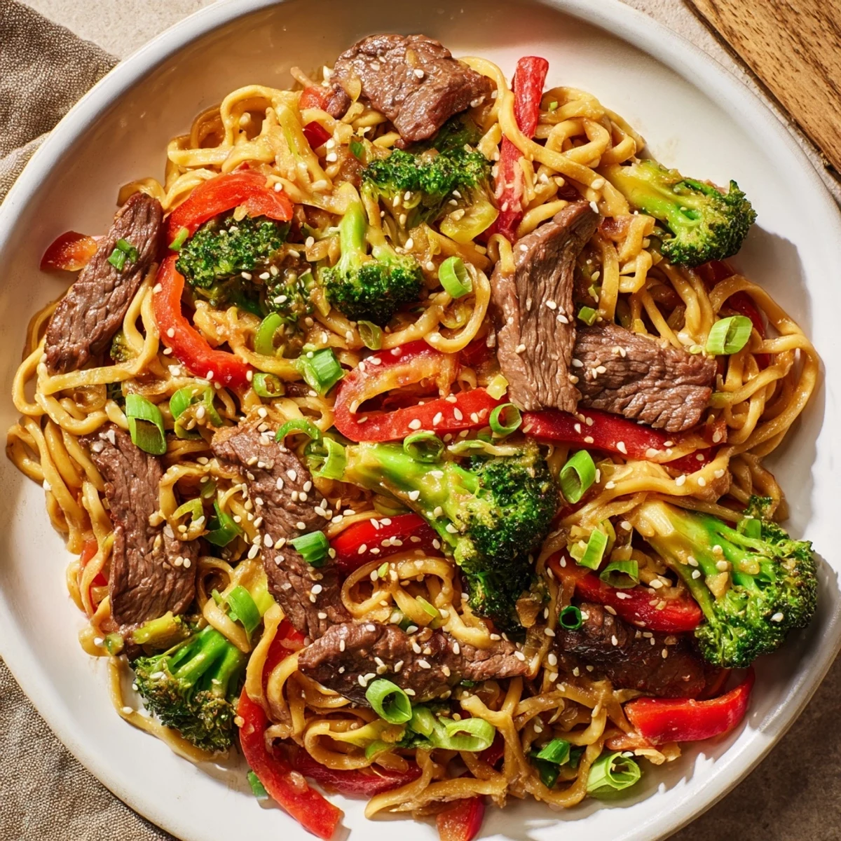 Steam rises from the Beef and Broccoli Lo Mein with Sesame, showcasing tender beef and crisp broccoli florets. 