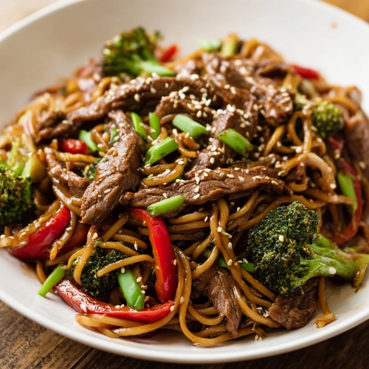 A close-up shot reveals glossy Beef and Broccoli Lo Mein with Sesame noodles tossed with vibrant red bell peppers. 