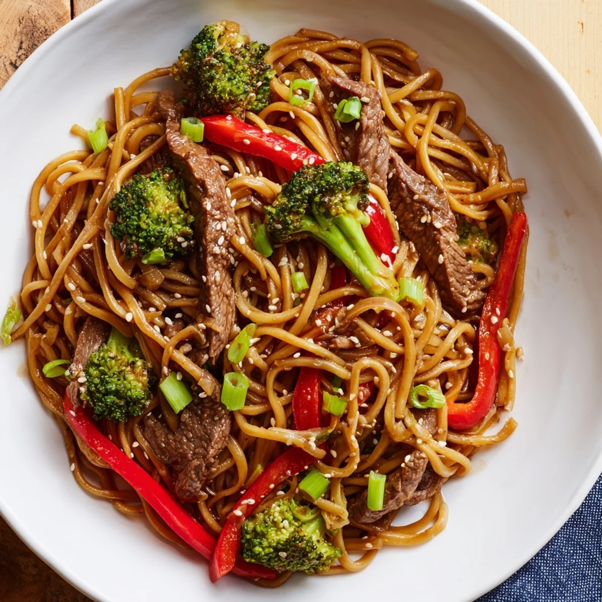 Serving suggestion for Beef and Broccoli Lo Mein with Sesame garnished with green onions and sesame seeds.