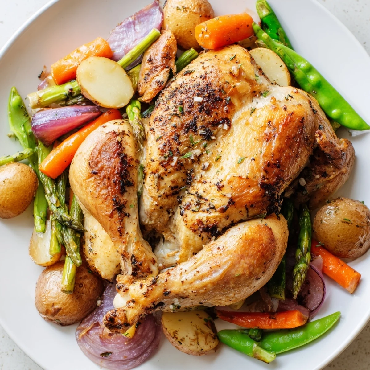 Crispy golden roasted chicken with spring vegetables on a rustic pan, ready to serve.